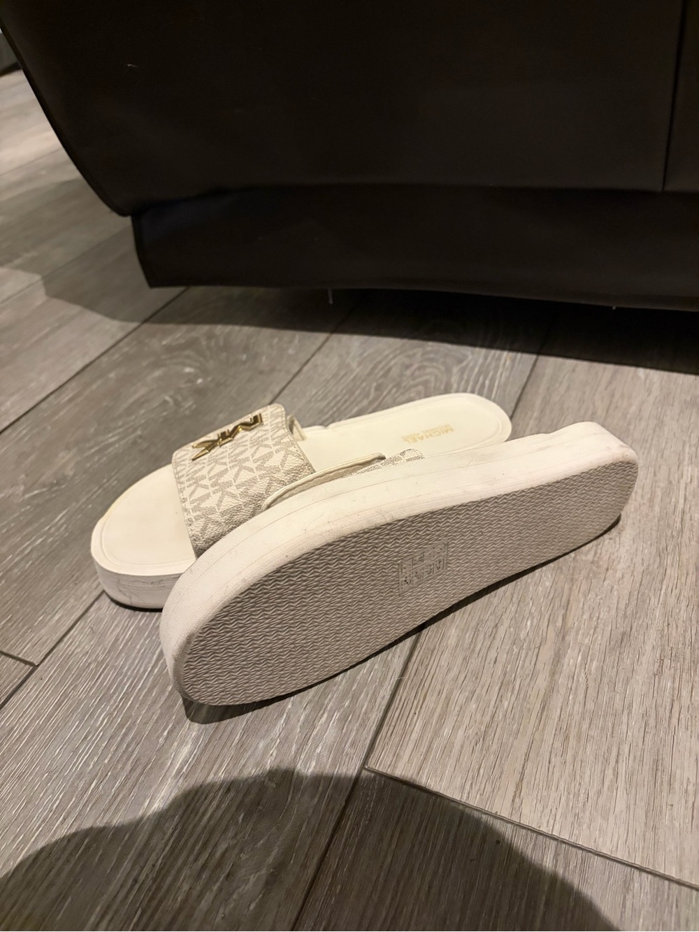 Michael Kors White Logo Platform Slide Sandals with Gold MK Hardware - Picture 2 of 3